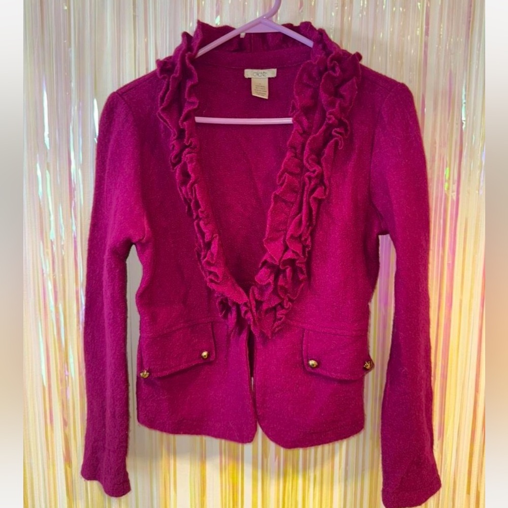 Vintage Caché 100% Wool Ruffle Trim Blazer Jacket